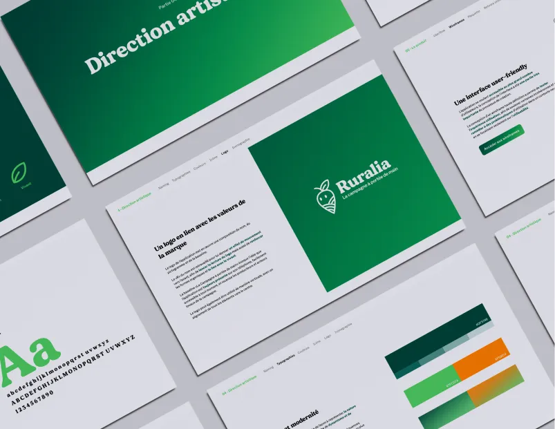 présentation de quelques pages d'une charte graphique d'une app de vente directe