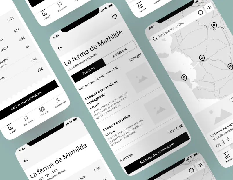 Wireframes d'une application de téléphone pour la vente directe 